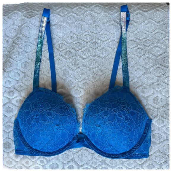 32B Victoria's Secret Bombshell Add-2-Cups Push-Up Bra blue lace shine straps - Picture 1 of 10